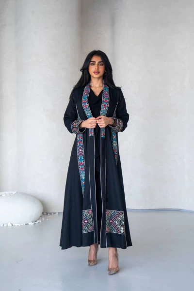 Linen Abaya in black with embroidery IB279 Black