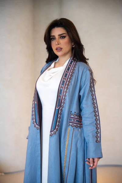 Linen Abaya. Sky blue with embroidery C:IB293 Sky blue