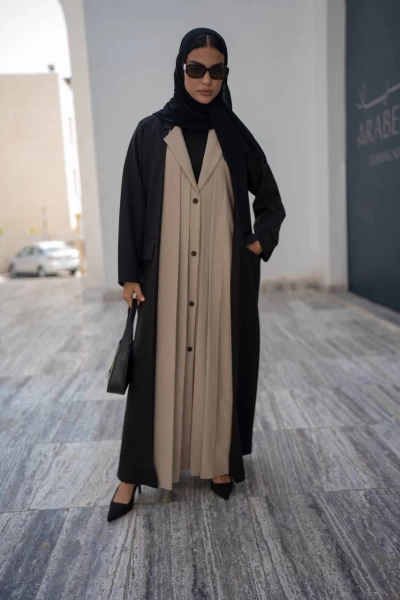 Black Blazer Abaya with Beige IB218 Beige